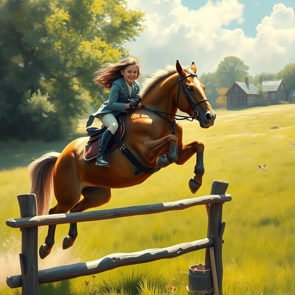 Young Girl and Horse in Powerful Jump over Rustic Pole