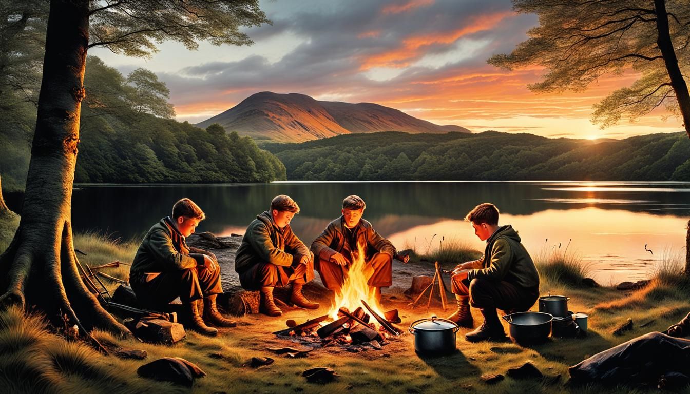 Boys Camping at Loch in 1950s Magazine Style