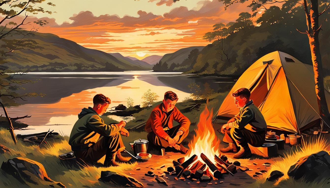 Boys Camping at Loch Sunset in 1950s Style