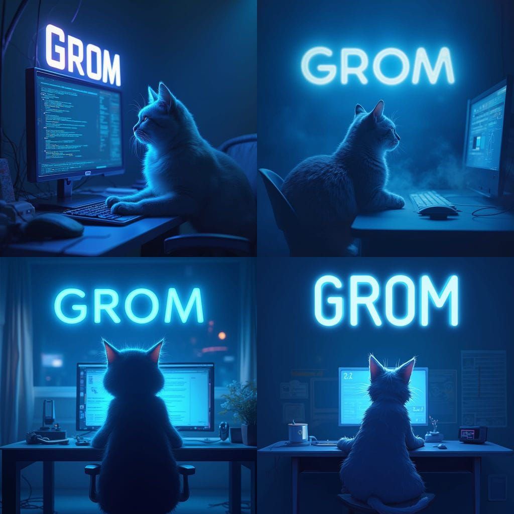 Cool Cat Sits at Computer in Blue Atmosphere
