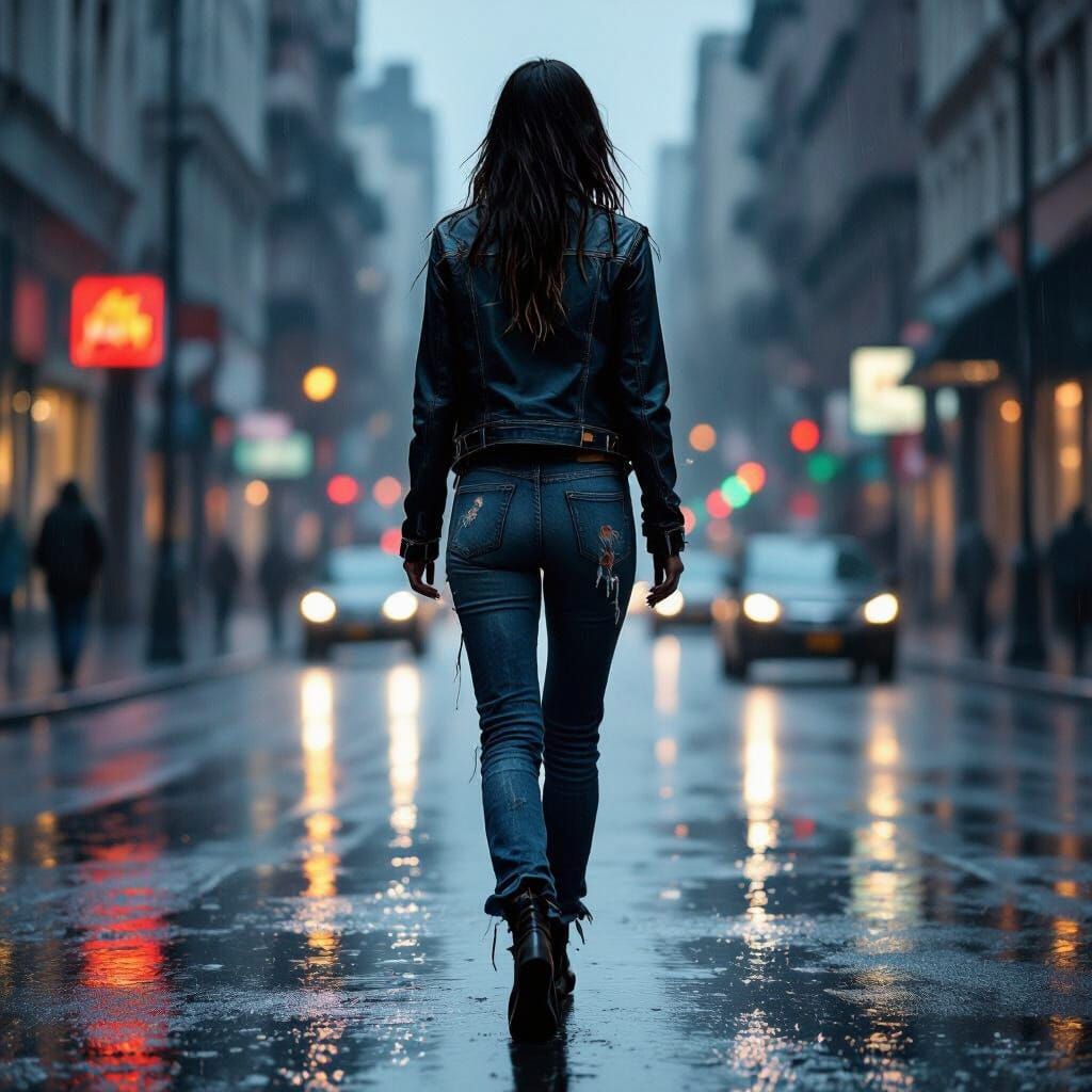 Woman in Wet Jeans on Rainy City Street at Dusk