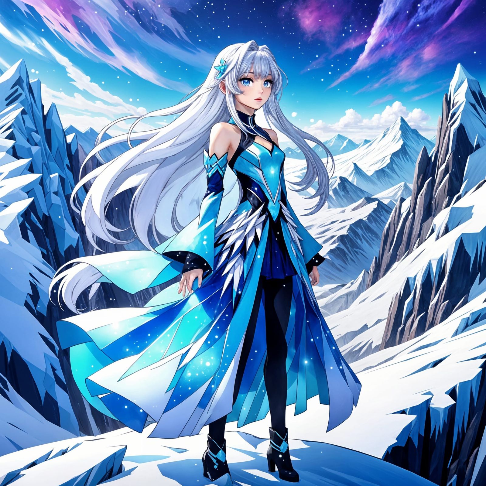 Icy Woman on Snowy Cliff in Anime Style