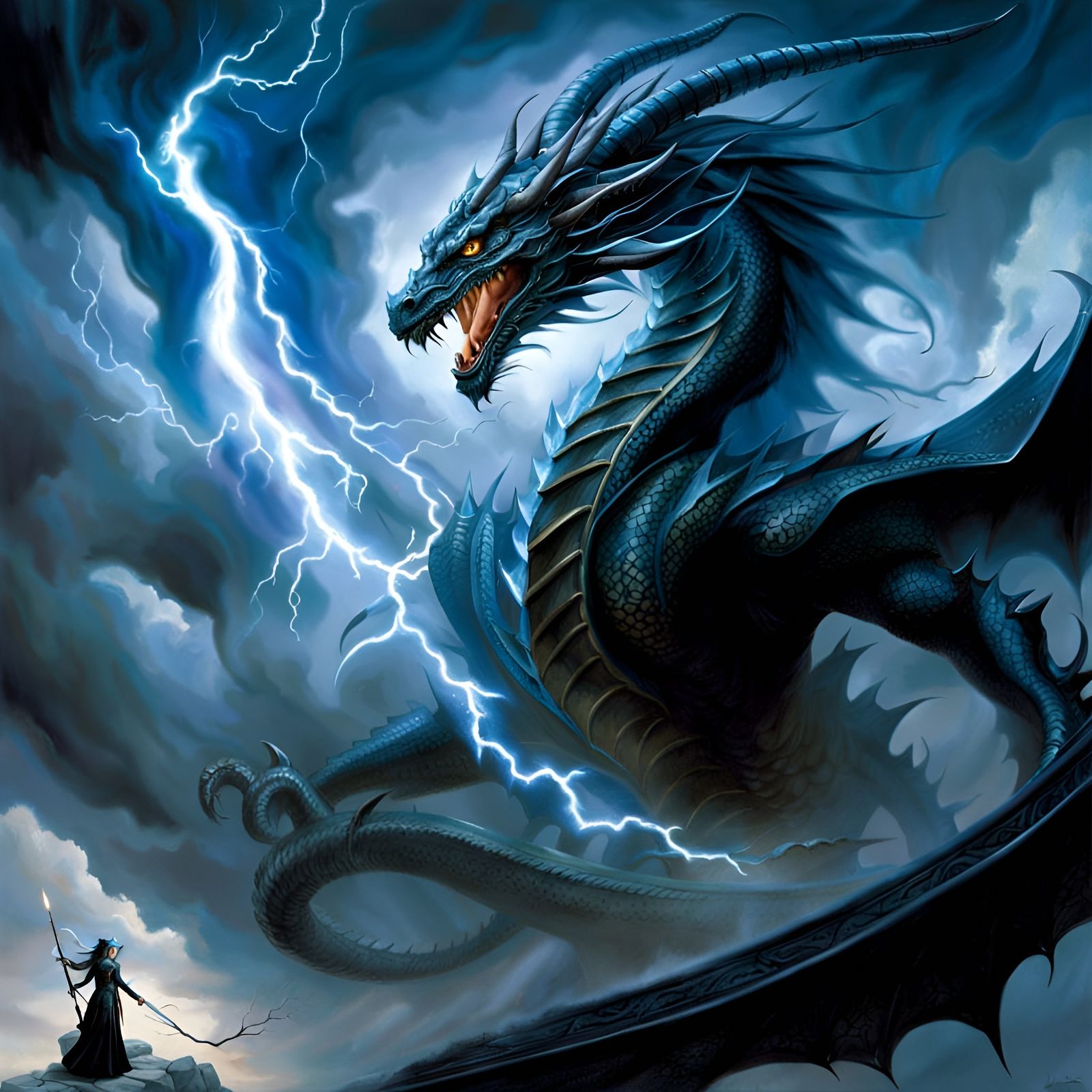 Lightning Dragon Summons with Dark Sorceress, Royo Style