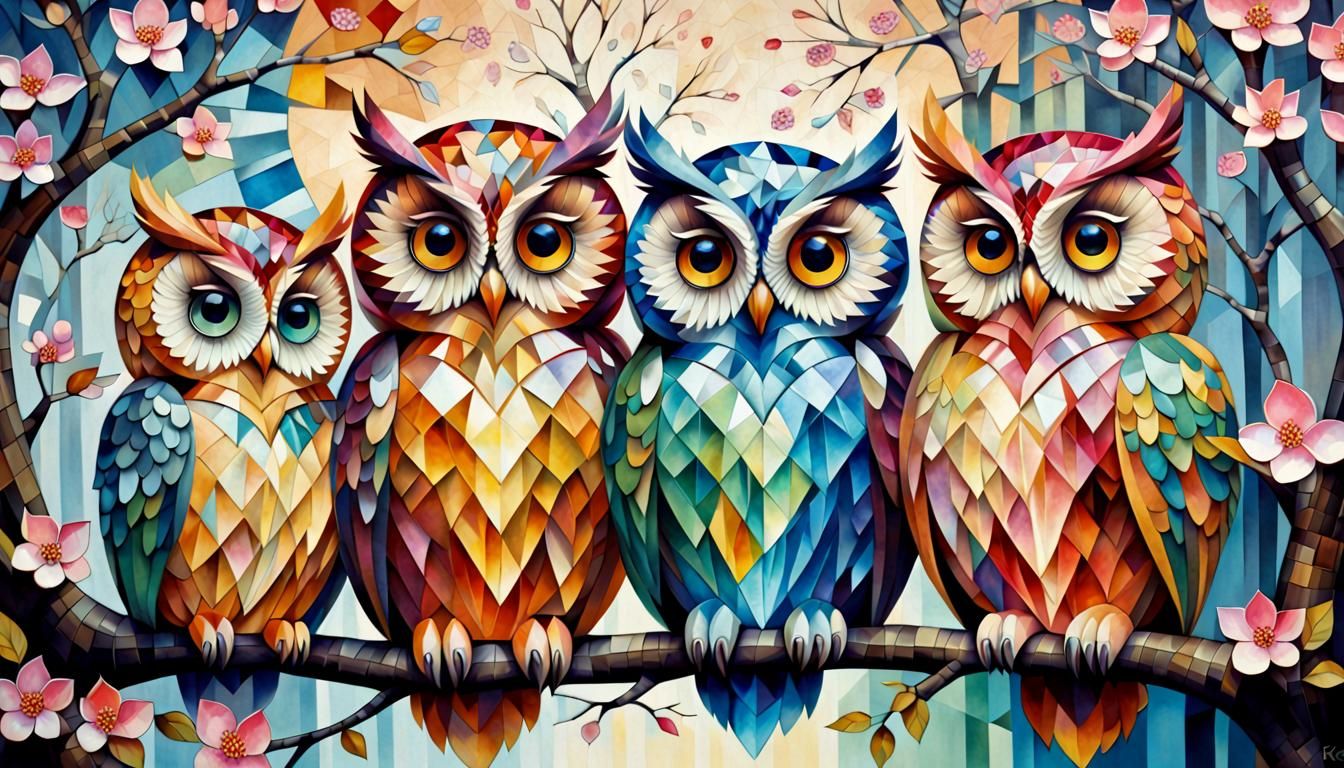 Colorful Cubist Owls in Blossoming Tree