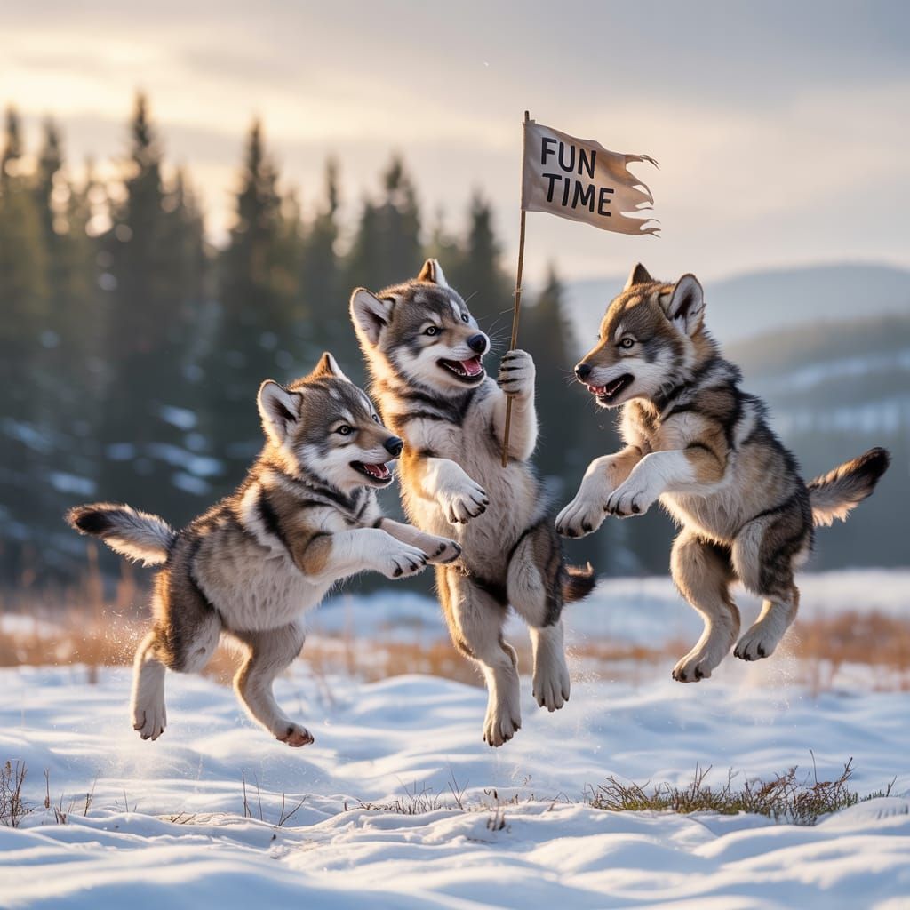 Playful Wolf Cubs in a Snowy Meadow