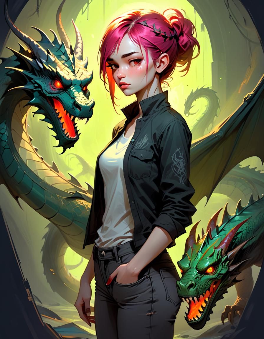 Ethereal Woman Surrounded by Dragon in Photorealistic Style