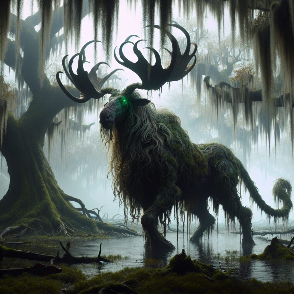 Majestic Moose-Buffalo Hybrid in Murky Swamp