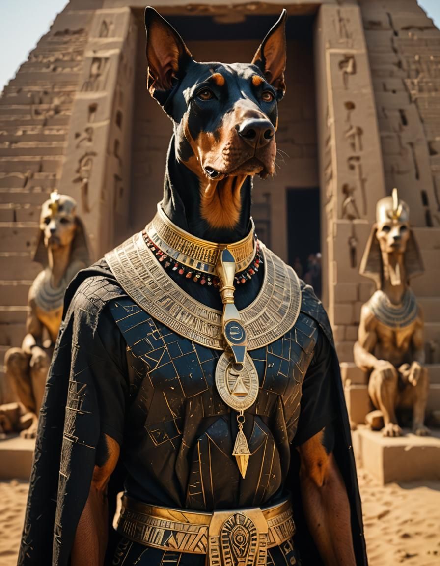 Doberman Egyptian God, portrait, finely detailed clothing
