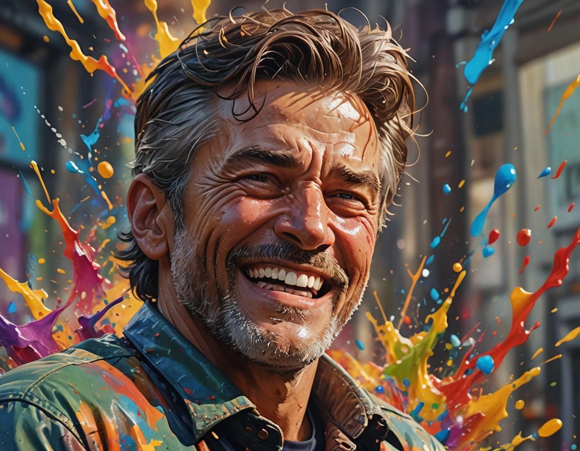 Joyful Man: Hyperrealistic Splash Art Portrait