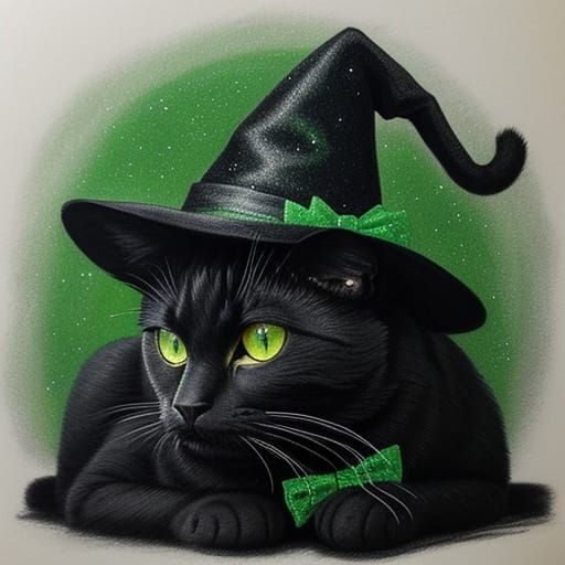 Green-Eyed Black Cat with Witch Hat, Charcoal Drawing