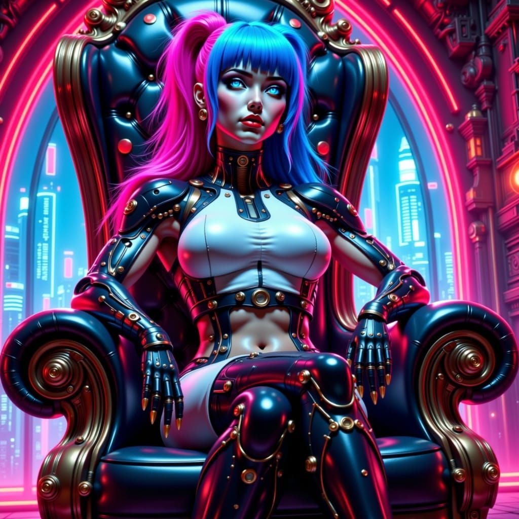 Cyberpunk Queen on Throne in Neon Cityscape