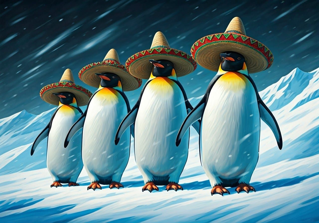 Penguins in Sombreros Brave Antarctic Blizzard