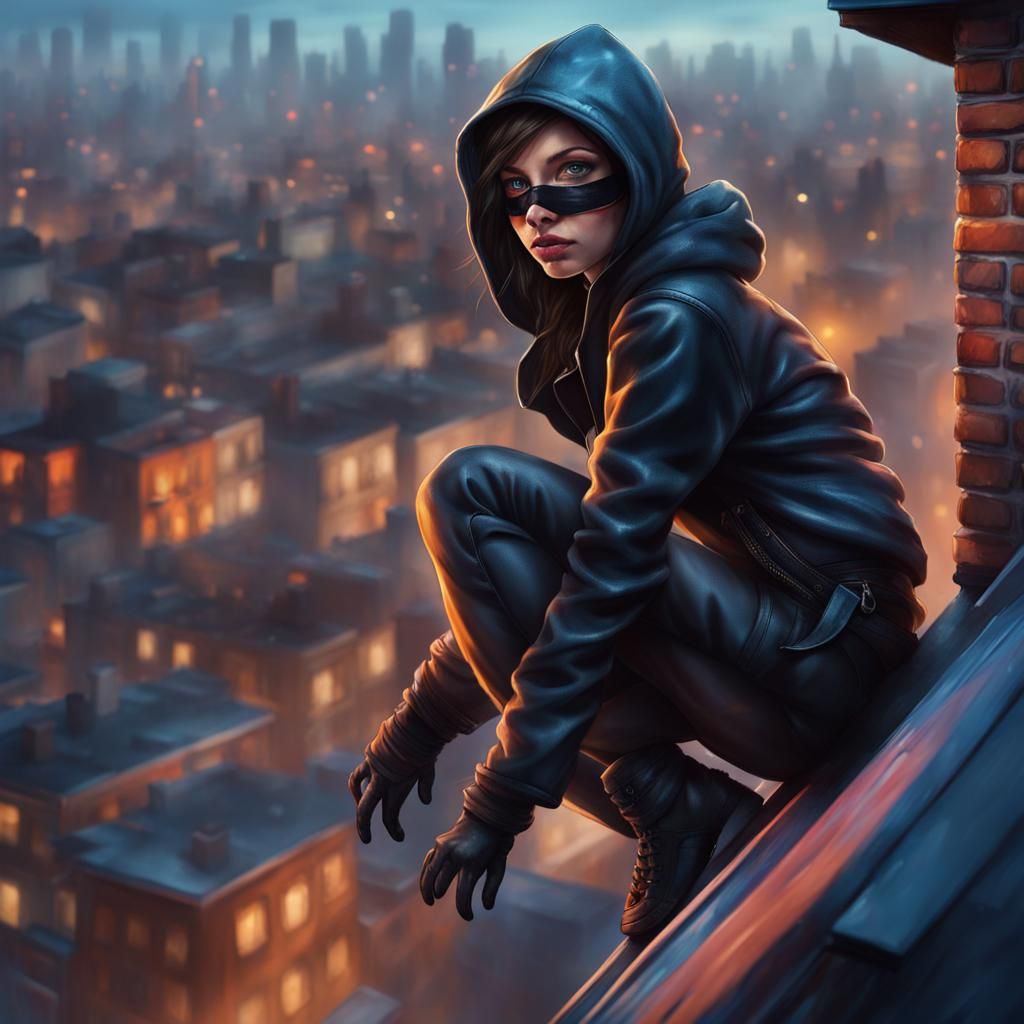 Hyperrealistic Cat Burglar on City Rooftops