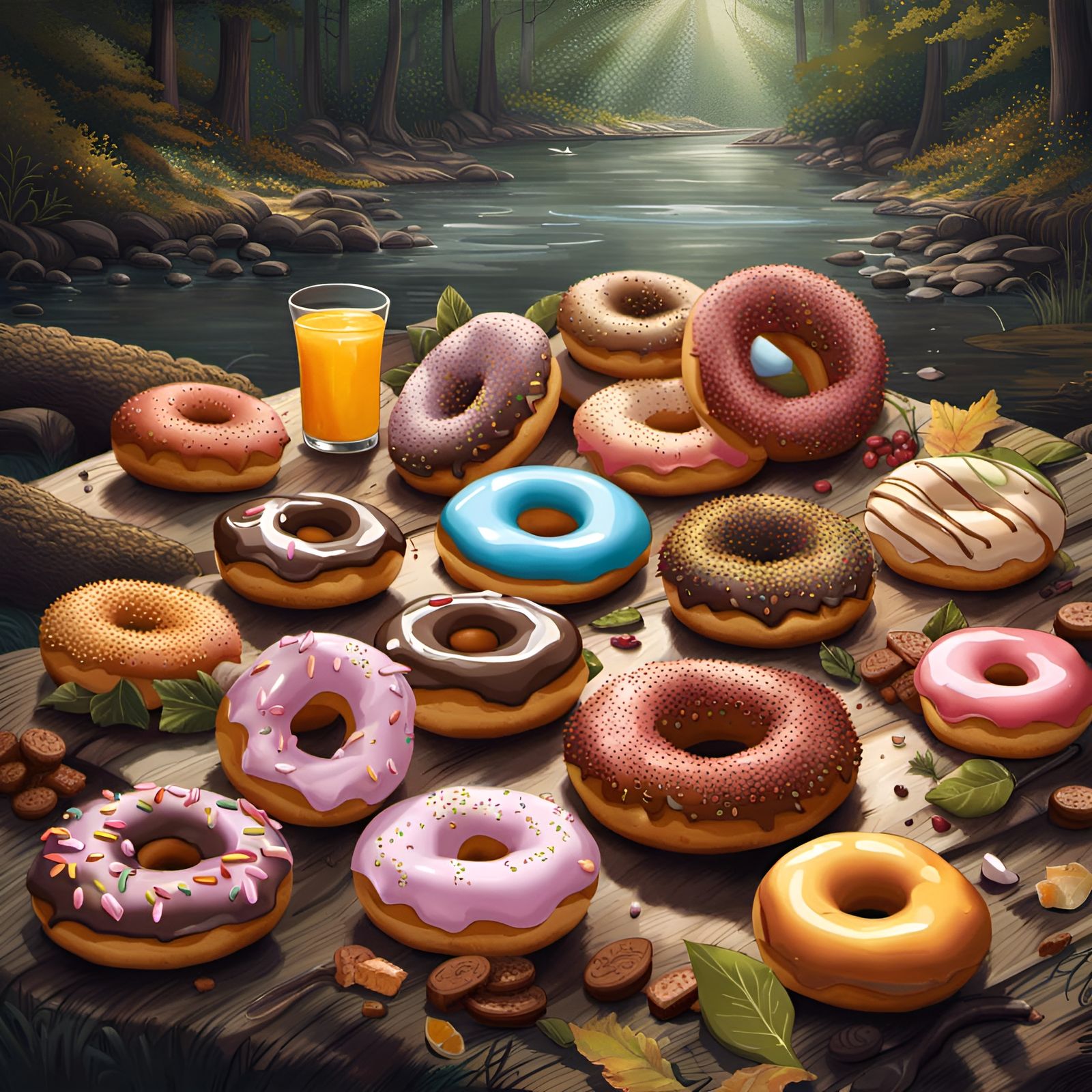 Hyperrealistic Donut Feast in Forest, Splash Art