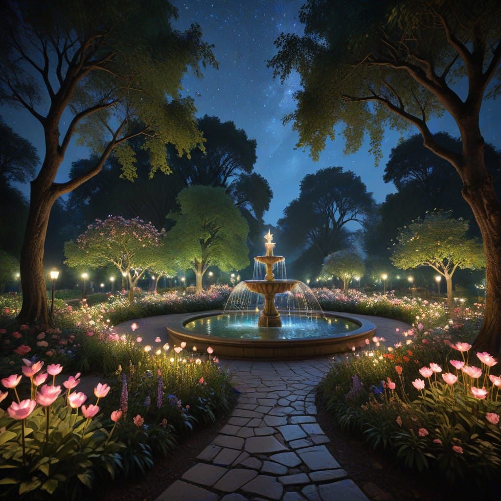 Enchanted Botanical Garden Wonderland at Night, Beauty and t...