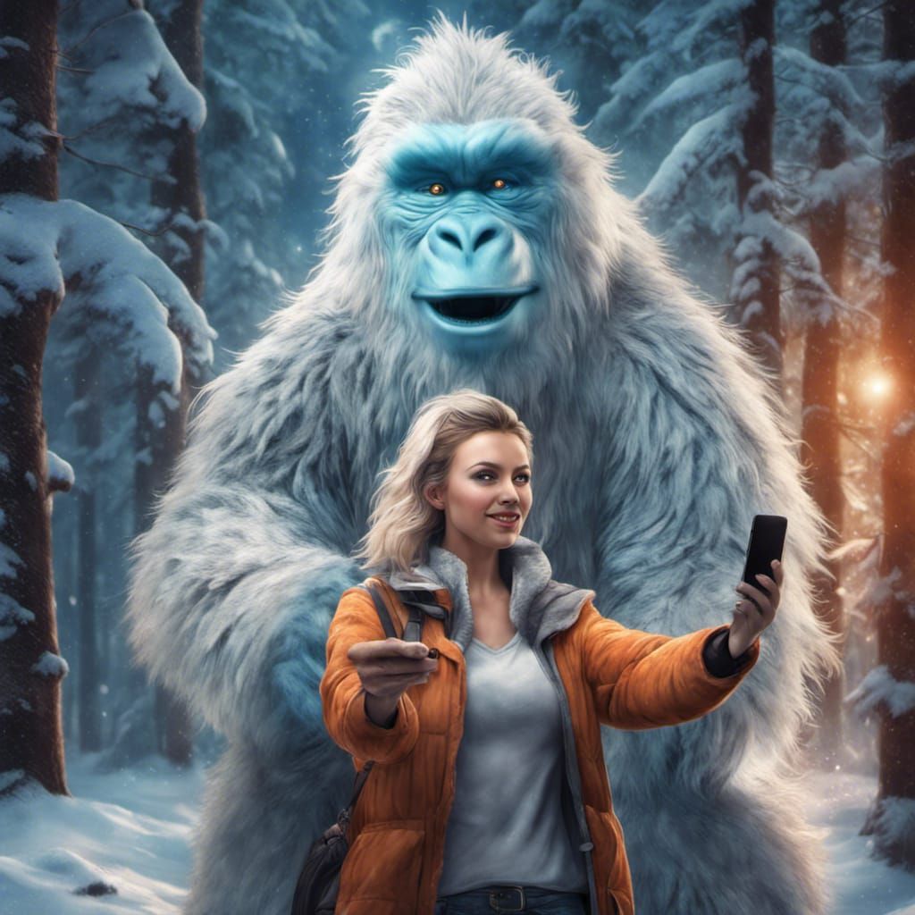 Woman's Selfie with Happy Yeti in Hyperrealism