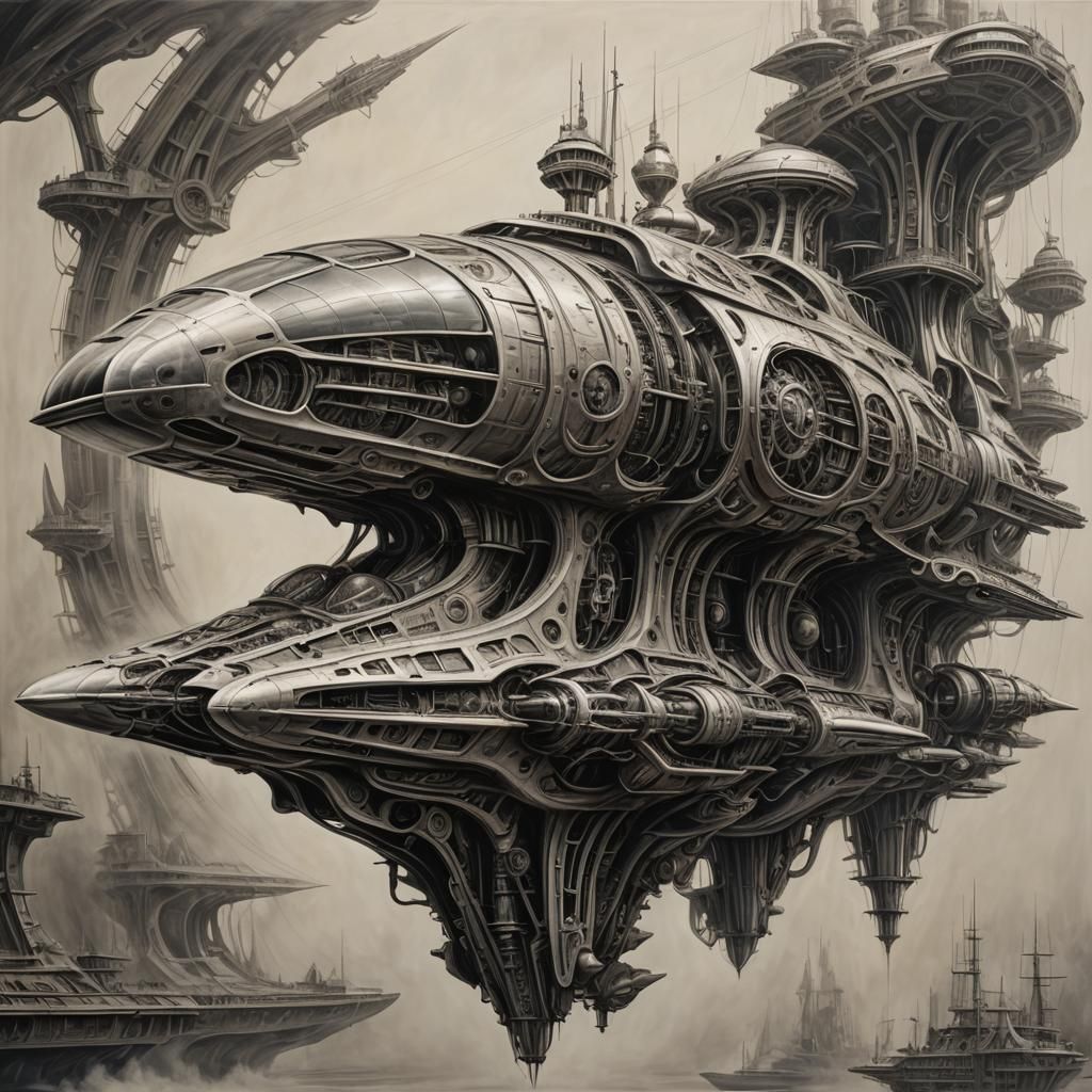 Biomechanical Luxury Ship in Motion, Dark Fantasy Style