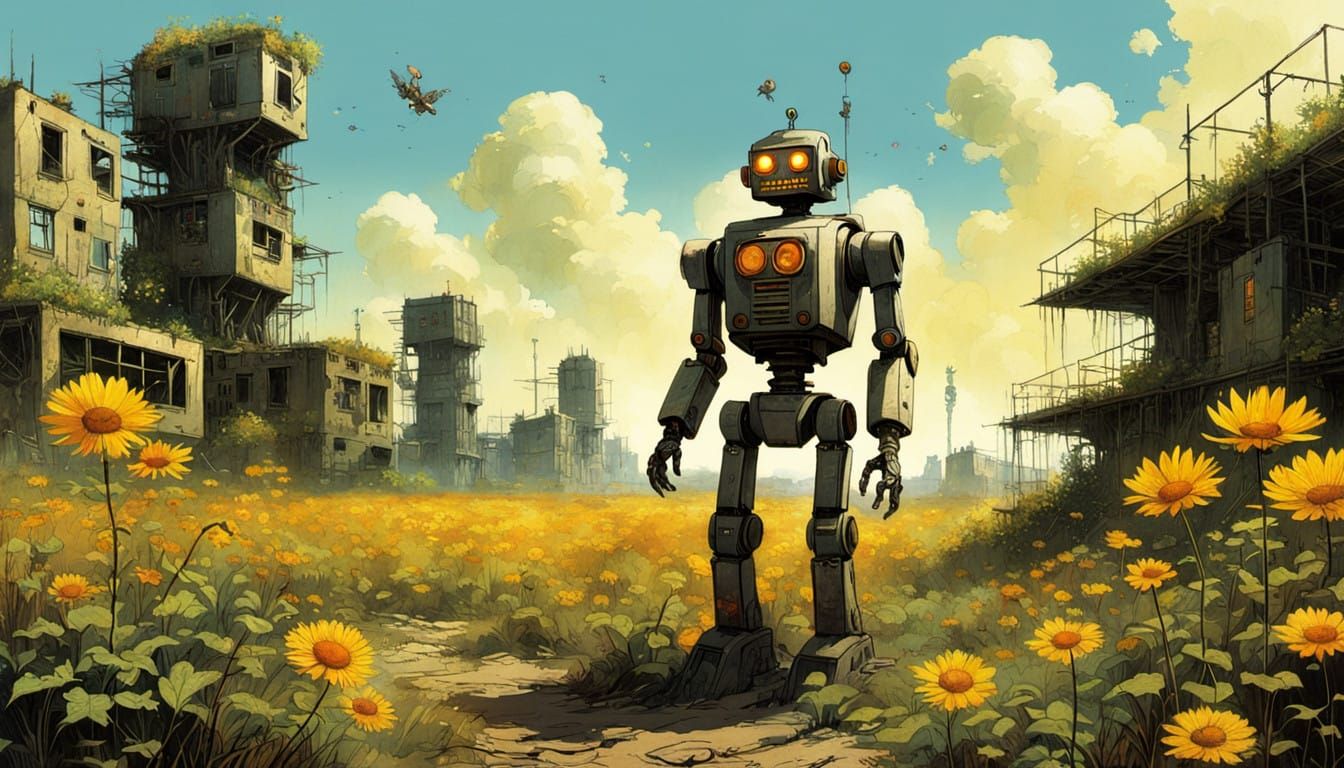 Retro Robot Basks in Post-Apocalyptic Sunlight