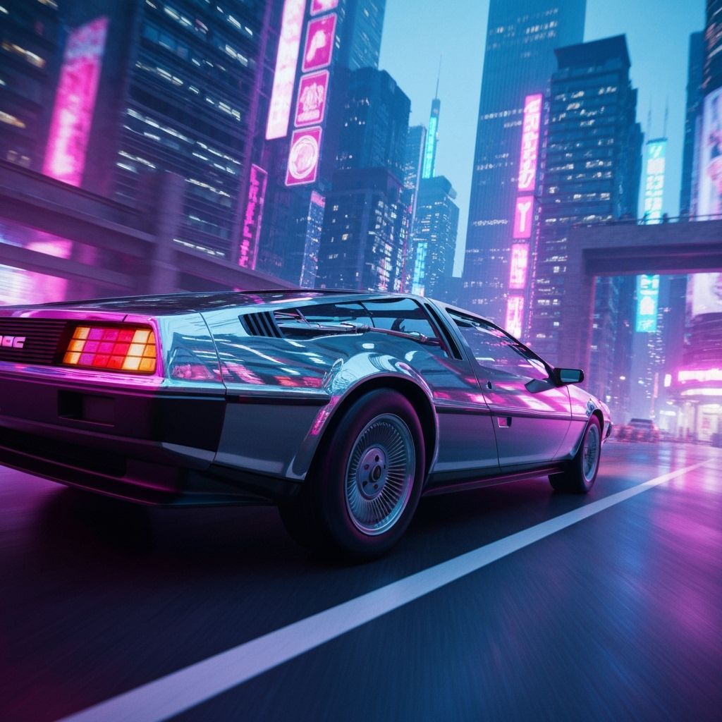 DeLorean Time Machine in Cyberpunk Cityscape