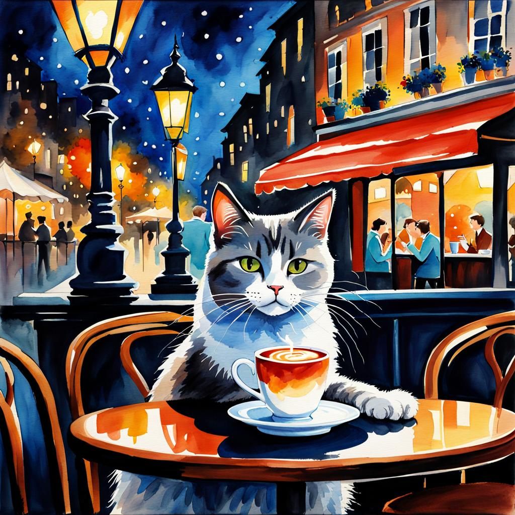 Night Cafe Watercolor Painting with Cat and Music