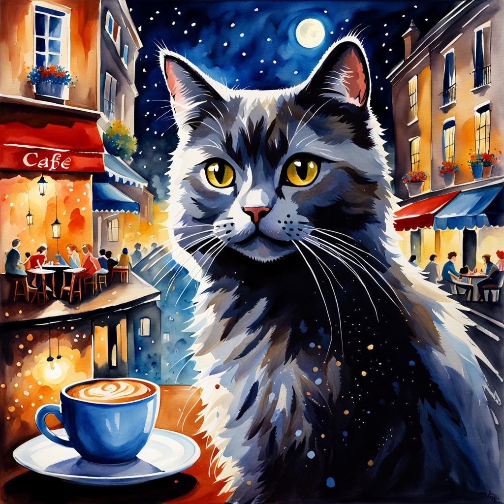 Persian Cat in Cafe: Watercolor Painting