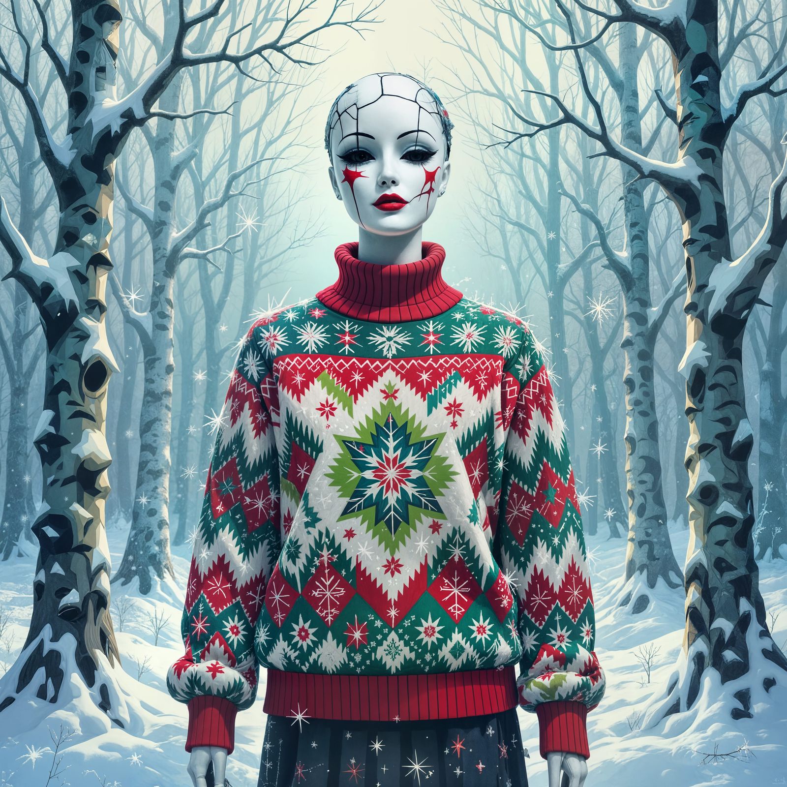 Surreal Mannequin in Dreamlike Winter Forest
