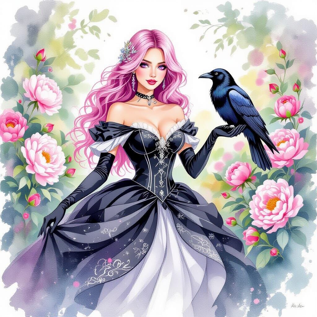 Pink Haired Woman with Raven in Peony Garden