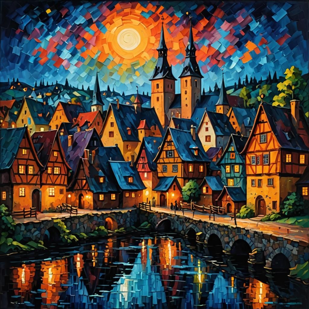 Dramatic Medieval Village at Night as Impasto Painting
