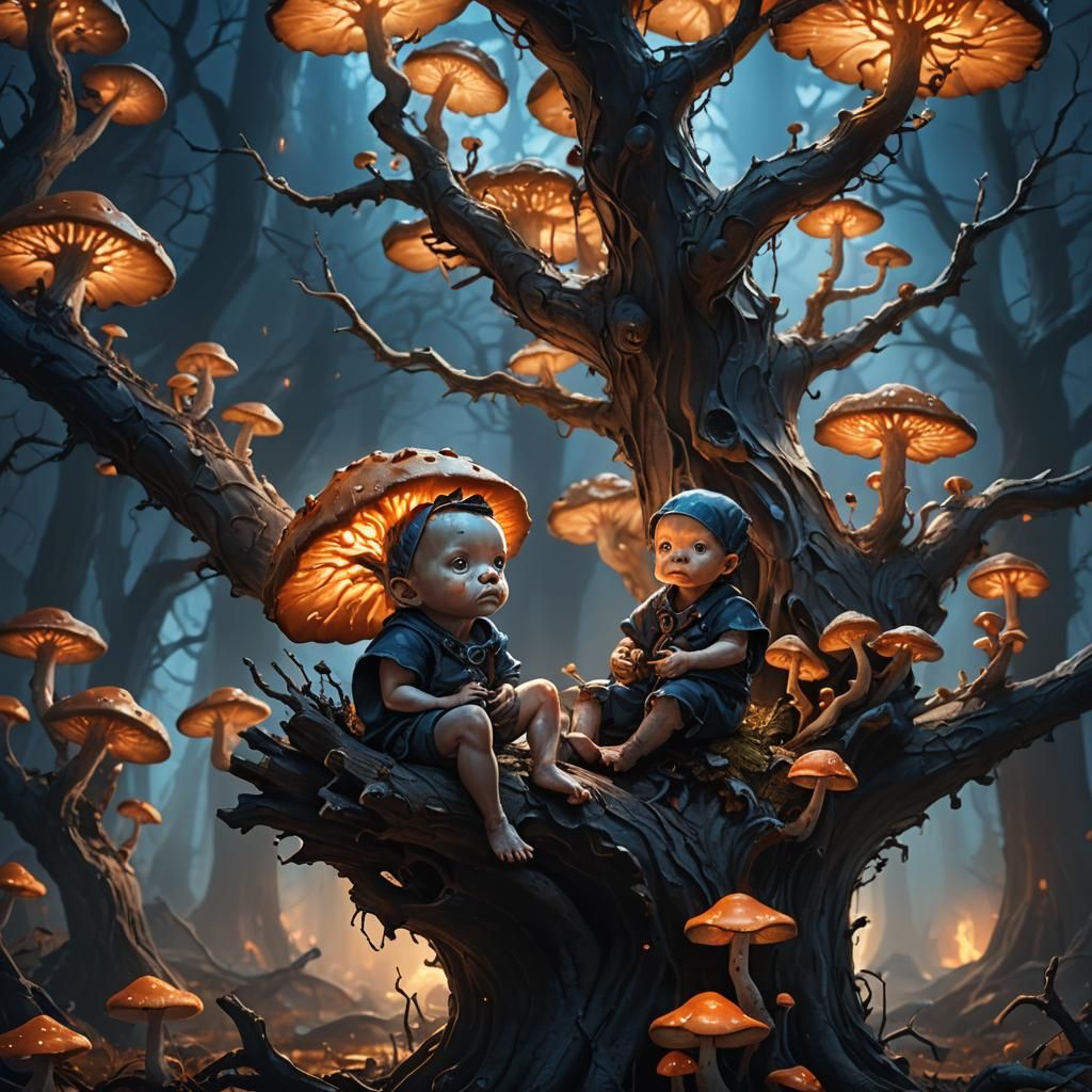 Eerie Baby on Twisted Tree Branch, Dark Fantasy Art