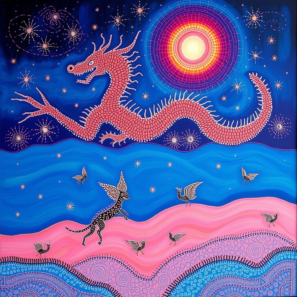 Vibrant Dreamtime Art Painting in Split-Complementary Colour...