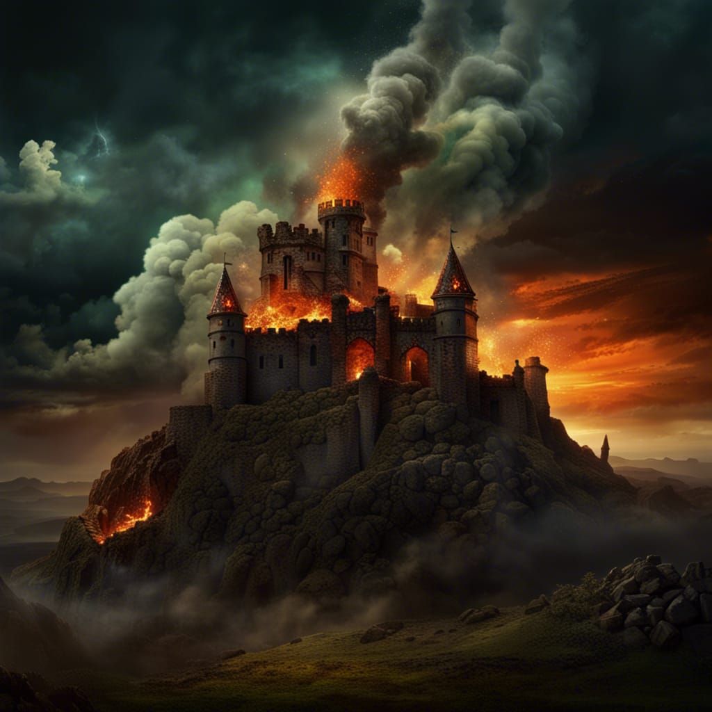 Burning Castle Under Siege: Detailed Matte Painting
