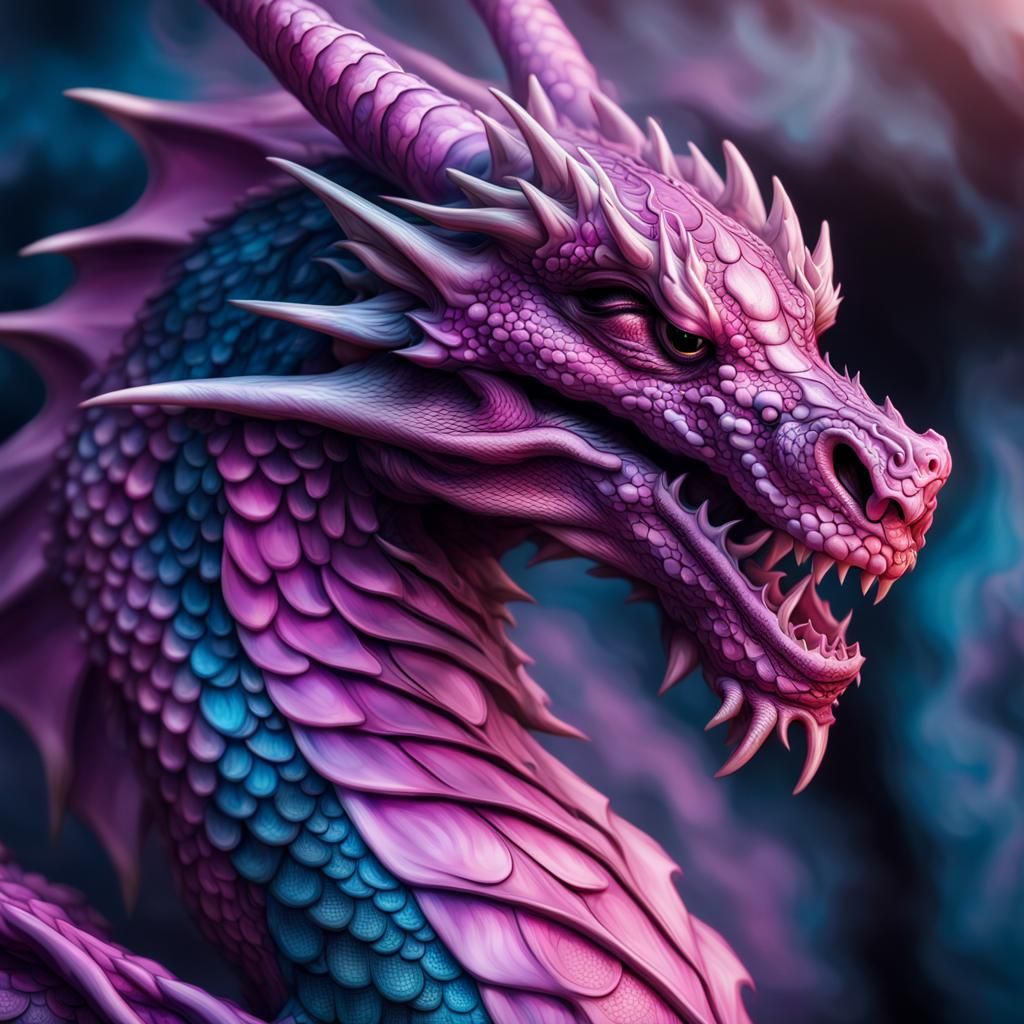 Hyperrealistic Dragon with Pink, Blue, and Purple Scales
