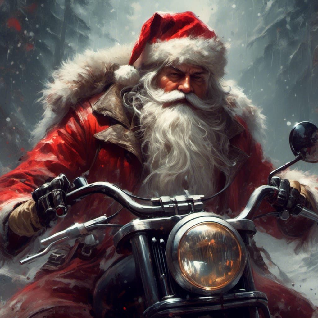Santa Claus Rides Motorcycle: Hyperdetailed Portrait