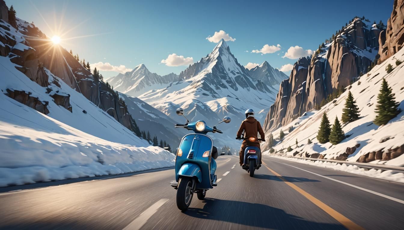 Vespa Rider Touring to Mountain: Dynamic 3D Digital Art
