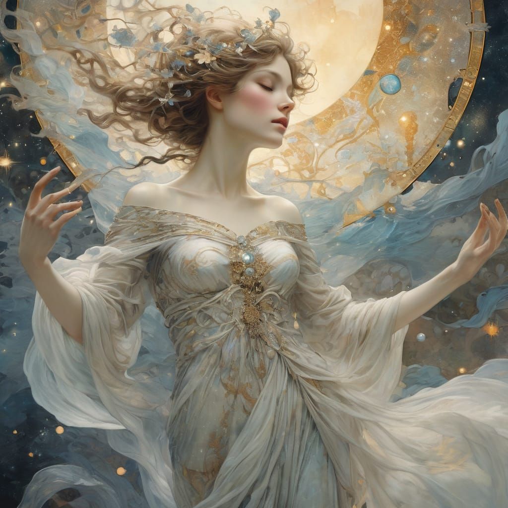 Ethereal Woman Ascends to the Stars in Celestial Digital Art