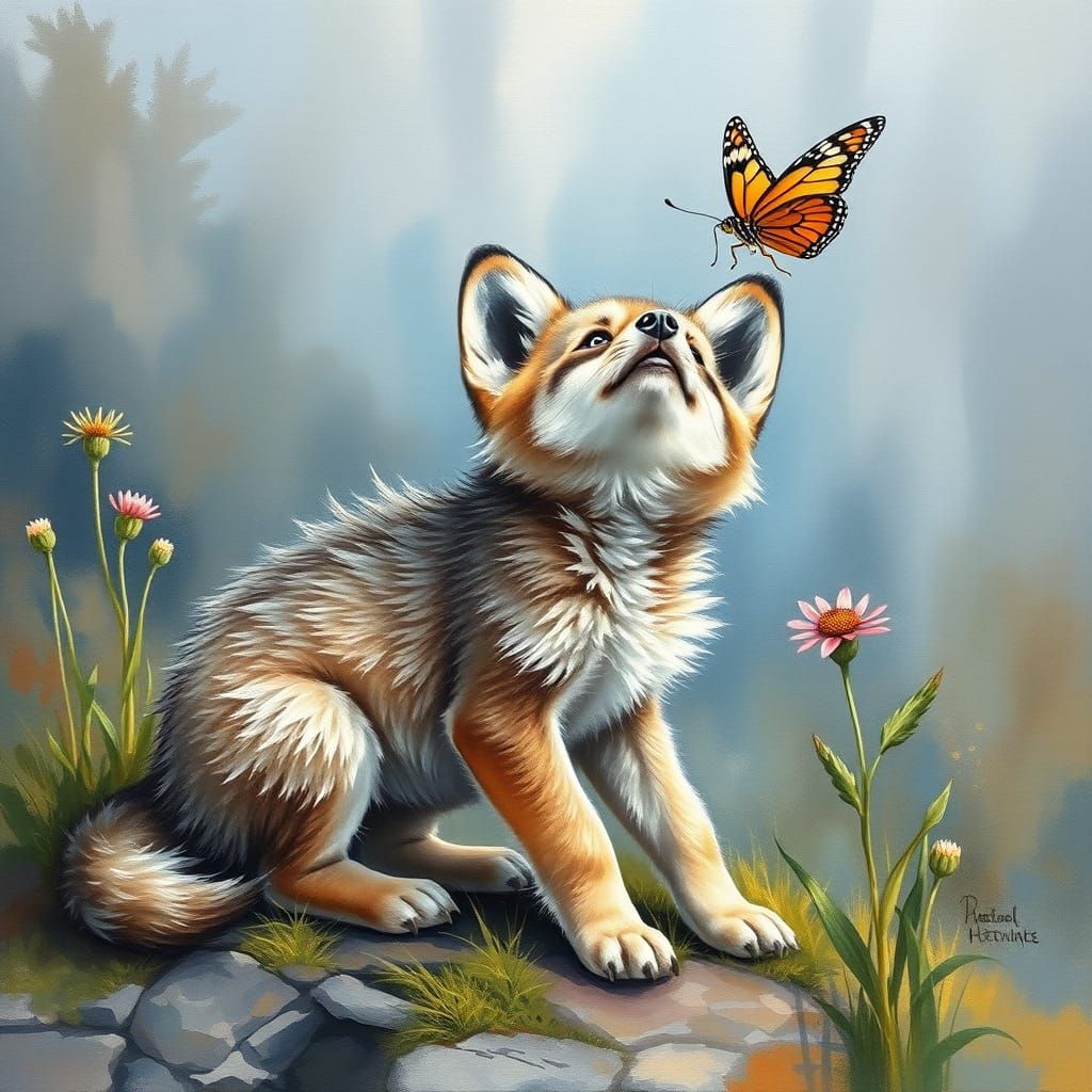 Baby Wolf Pup in Whimsical Gouache Masterpiece