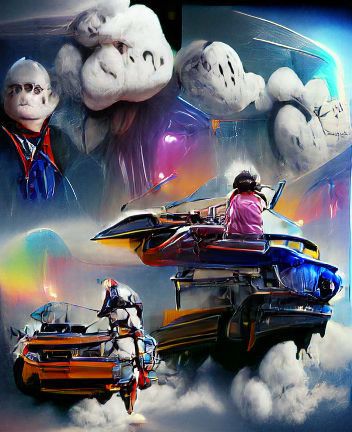 Astronauts and DeLorean in Anime Style Clouds