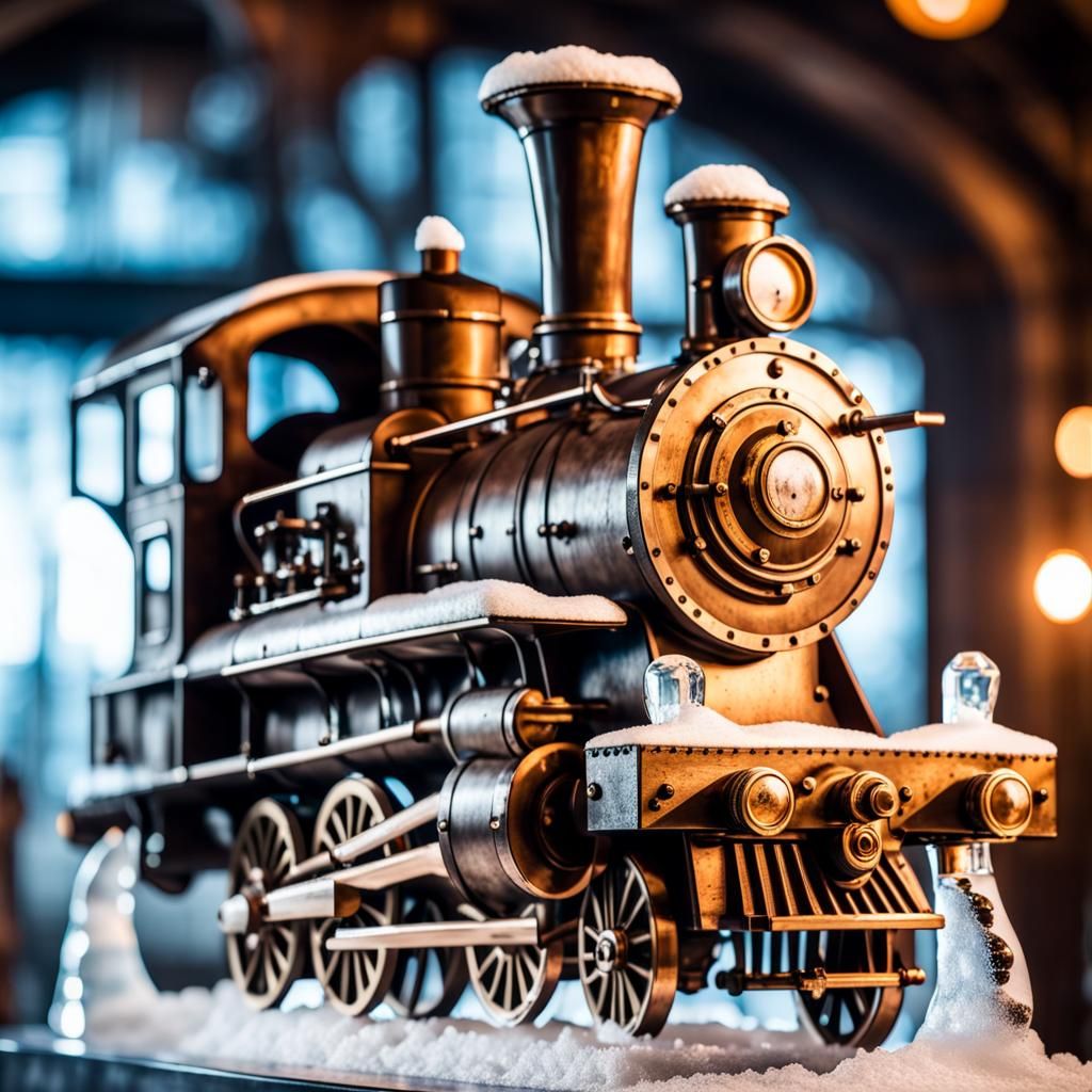 Detailed Ice Sculpture of a Steampunk Engine