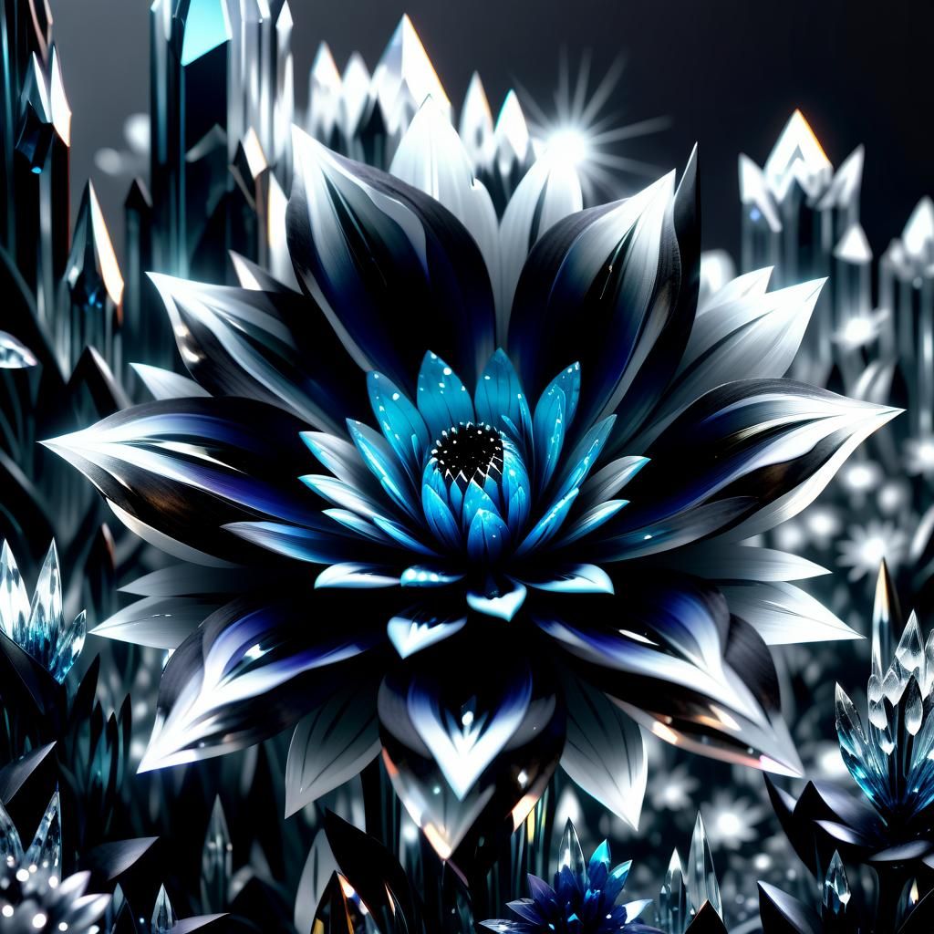 Detailed Black and White Crystal Flower Art