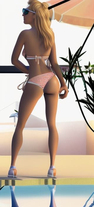 Blonde Beauty's Poolside Breakfast: Detailed Matte Painting