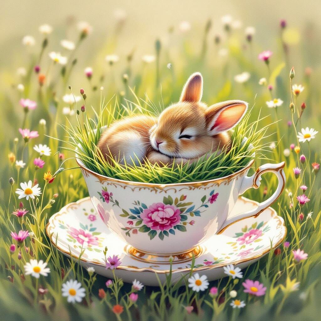 Ornate Teacup with Baby Rabbit in Wildflower Field