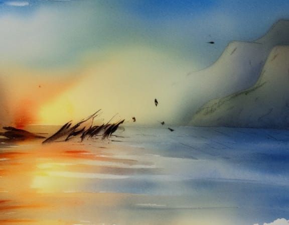 Seagulls on Beach in Watercolor Ink Style