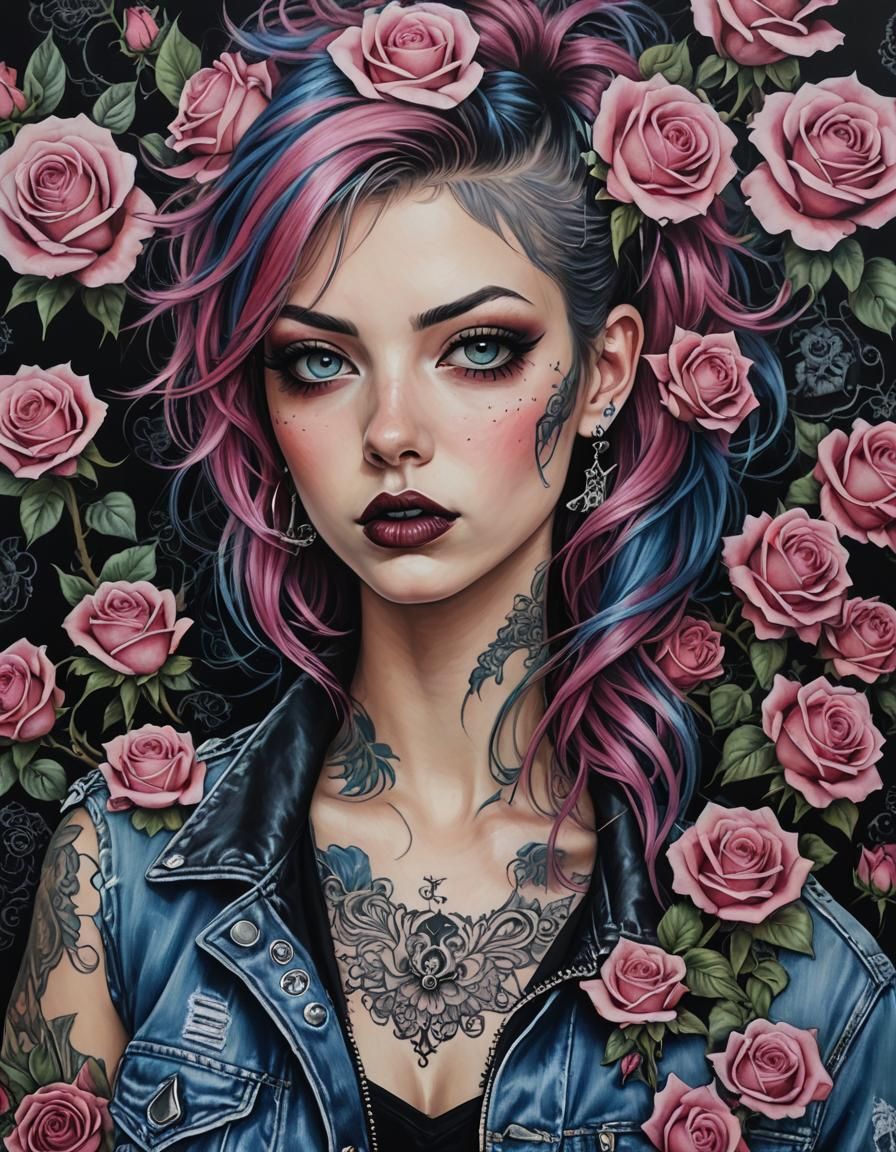 Punk Girl Portrait with Facial Tattoos, Acrylic Painting
