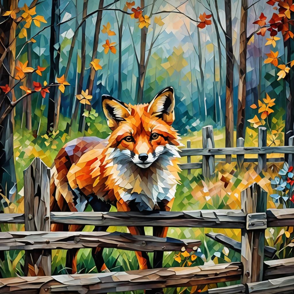 Fox by Fence in Geometric Cubist Style