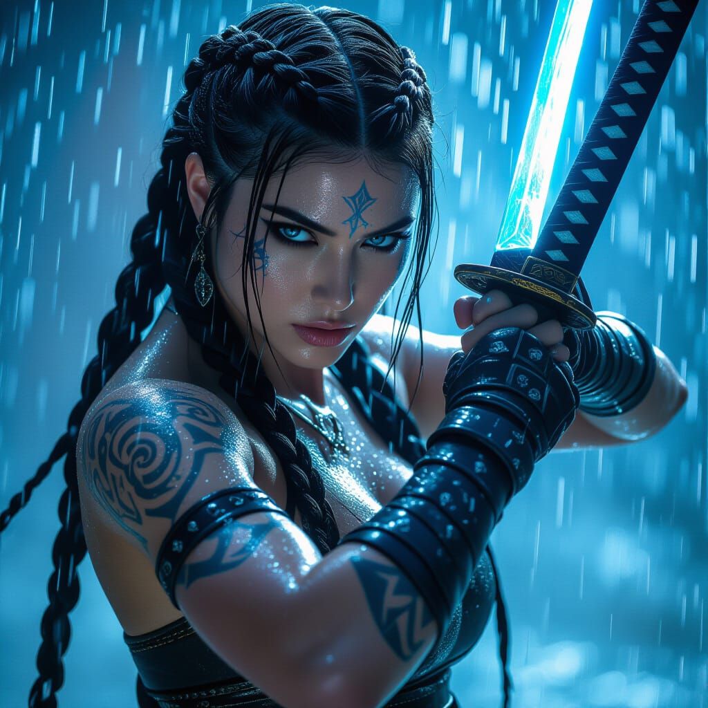 Female Warrior with Katana in Hyperrealistic Style