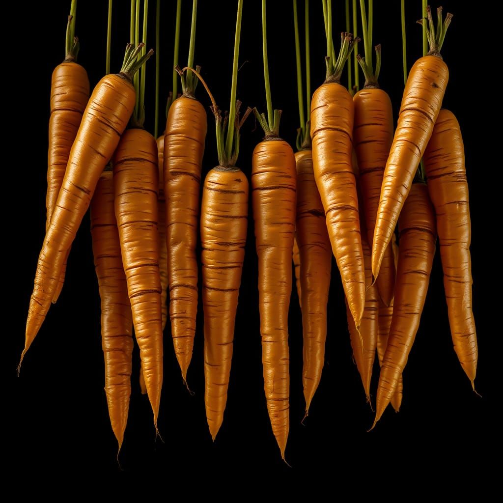 Golden Carrots Suspended in Air: Cinematic Still