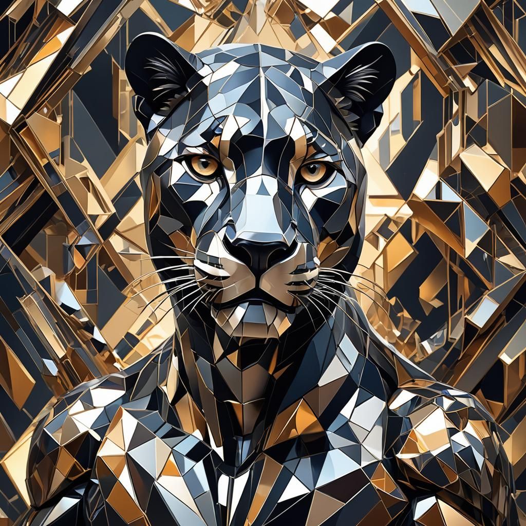 Panther in Cubist Style with Geometric Crystal Shards