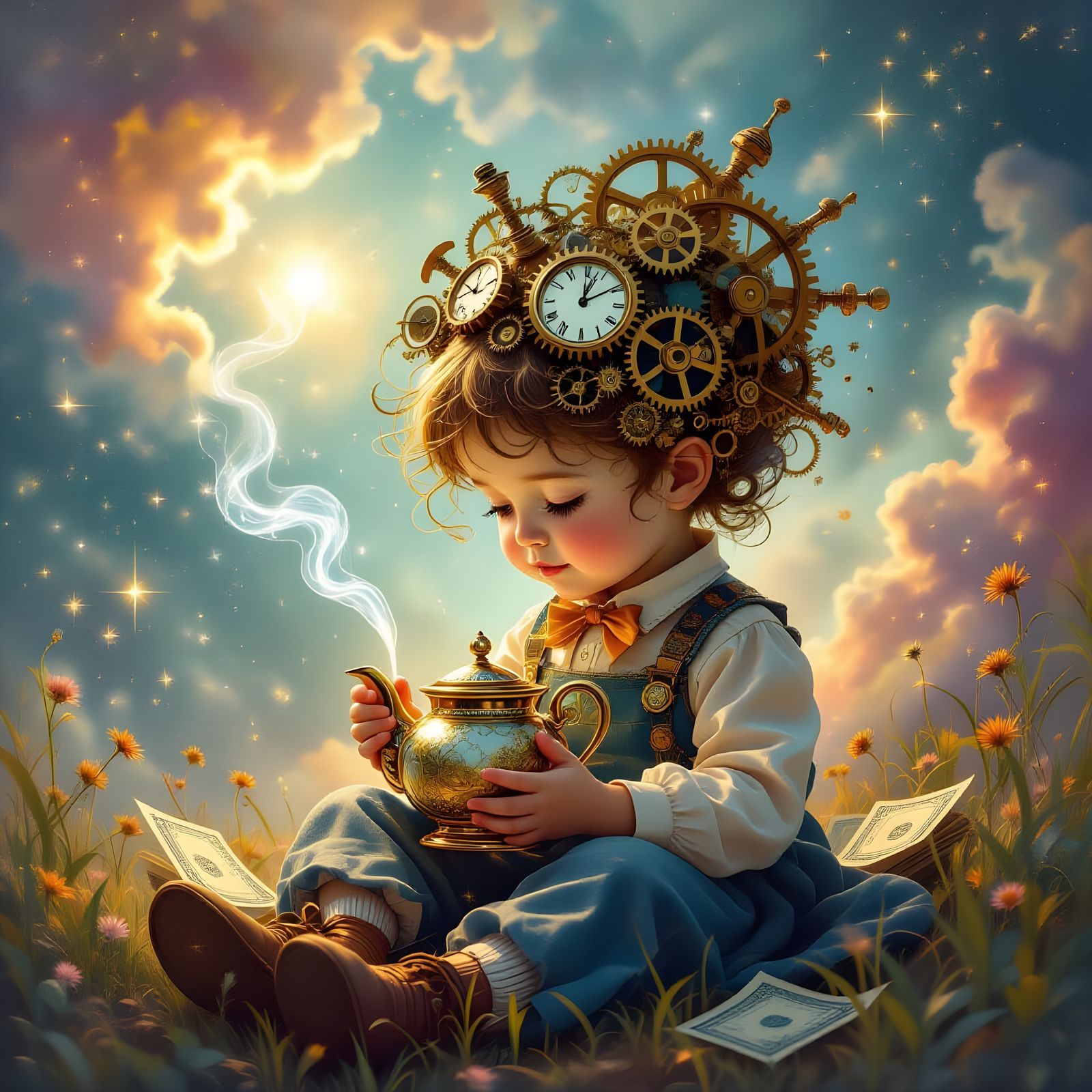 Whimsical Child in Nebula with Clockwork Hair