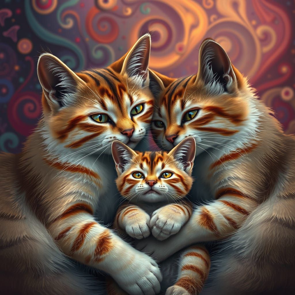 Whimsical Family of Cats in Vibrant Fantasy Landscape