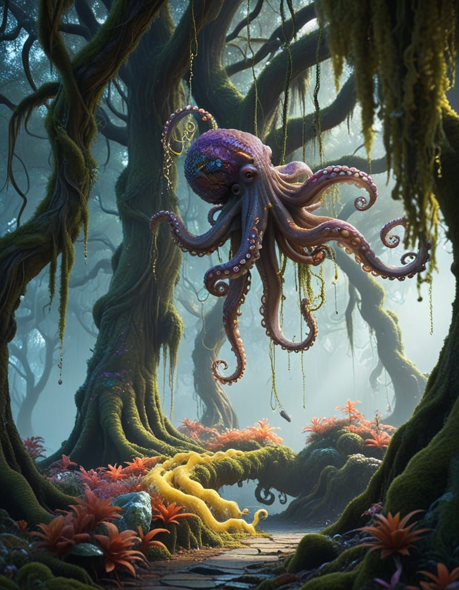 Tree Octopus Swings Through Crystalline Grove